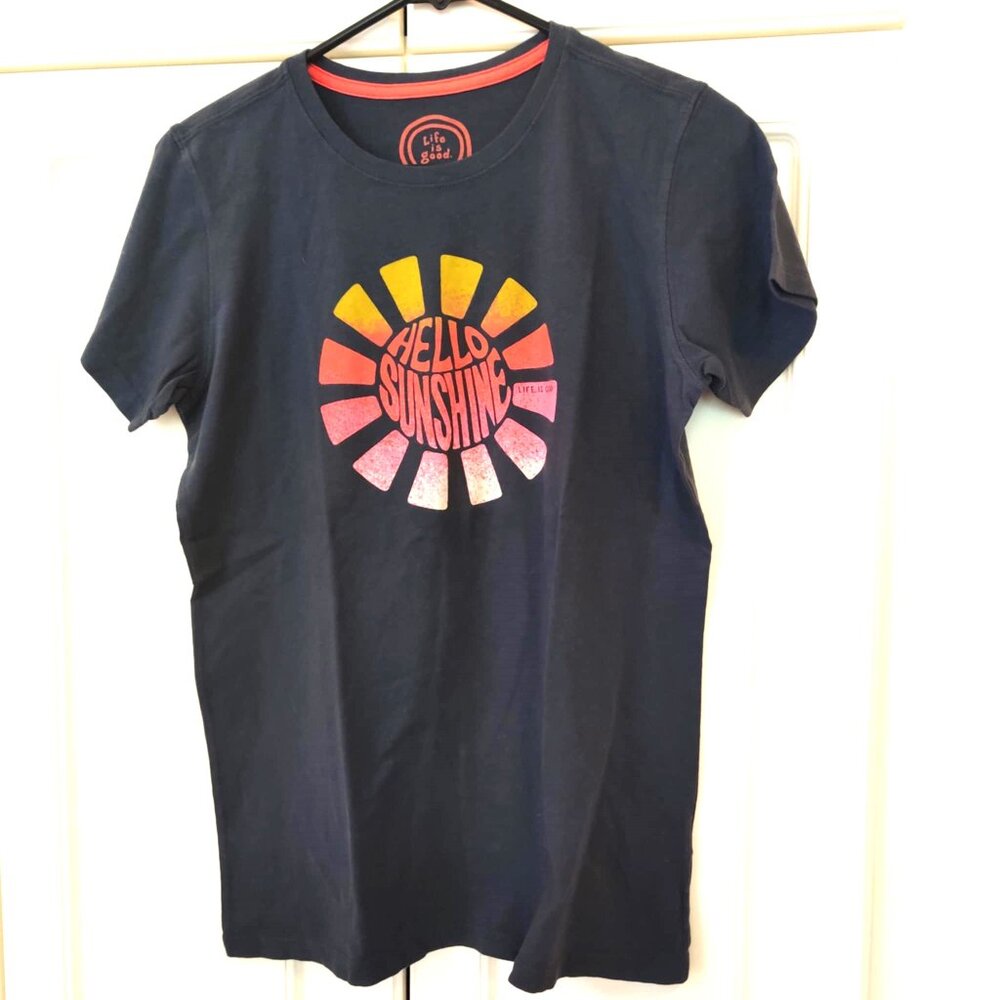Life Is Good Navy Short Sleeve Tee with Yellow-Pink Sunburst Graphic